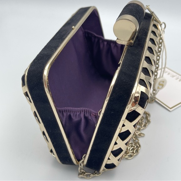 SHIRALEAH 🖤 NWT ‘Jean Minaudiere’ Black & Gold Evening Clutch - Picture 9 of 13